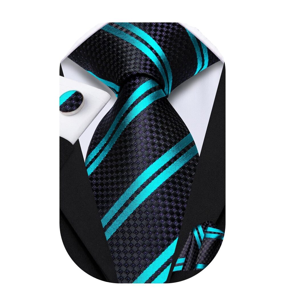 7145 Paisley Black Teal Striped Tie and Handkerchief Cufflinks Tie Set